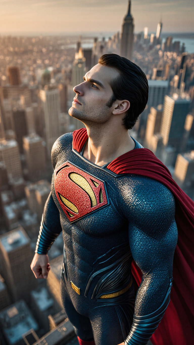 A photorealistic Superman wearing a detailed blue suit with red cape and iconic red and yellow S shield on his chest, standing confidently…