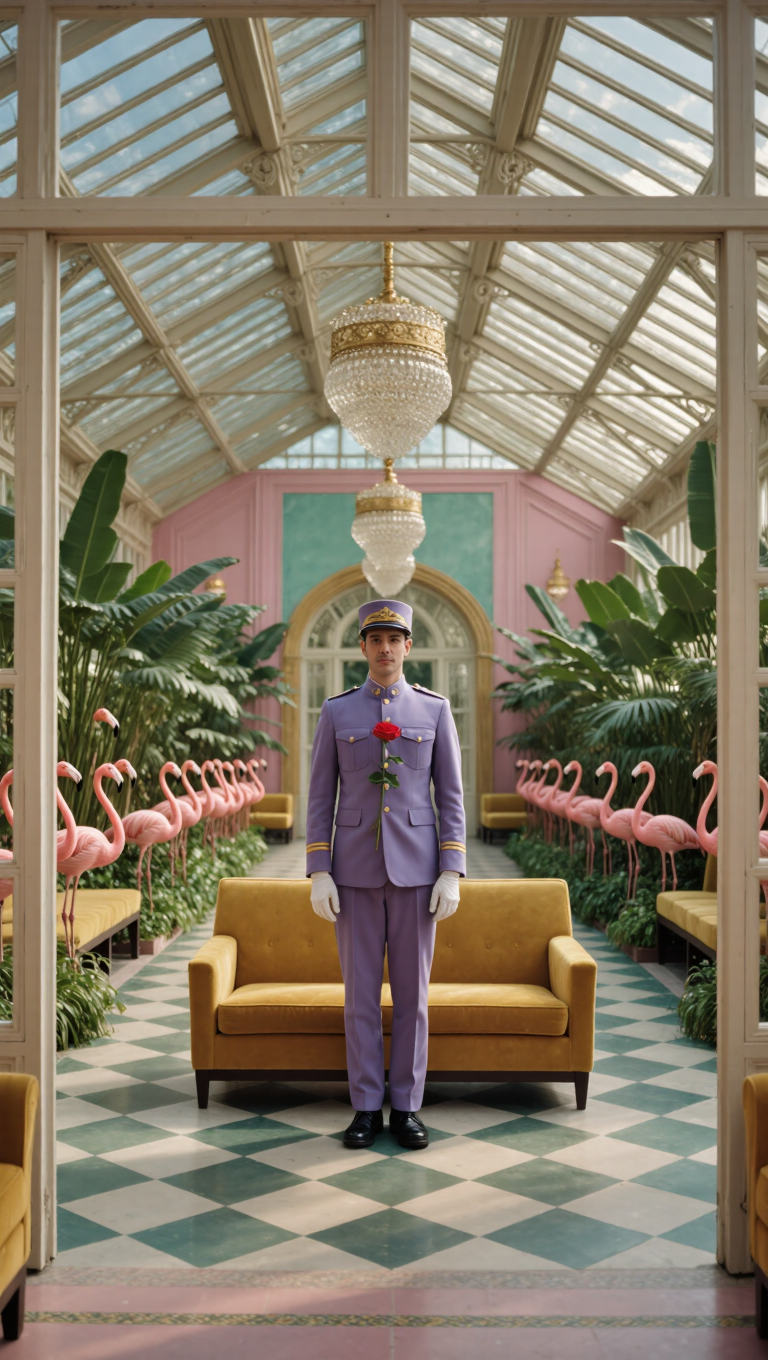 A perfectly symmetrical, wide-angle cinematic shot in the lineage of Wes Anderson's whimsical aesthetic. A grand glass conservatory filled…