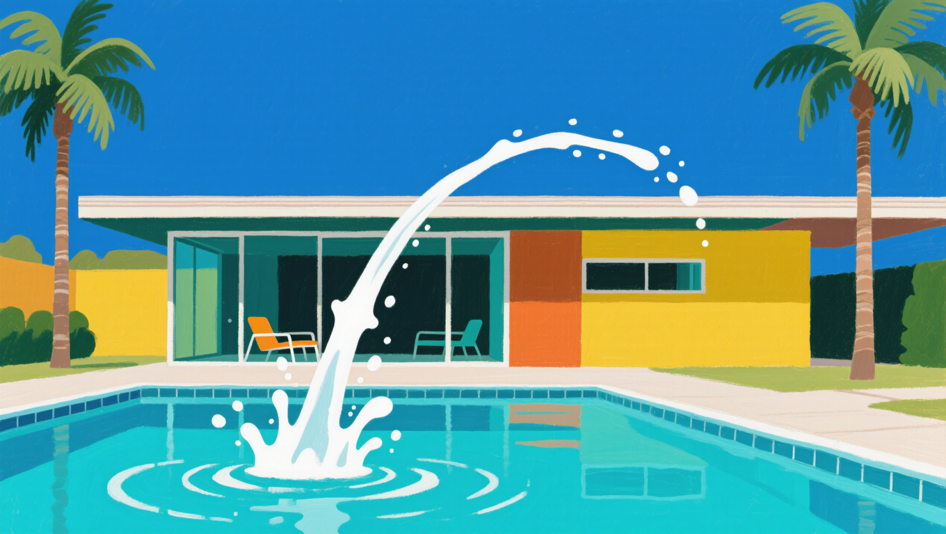 A flat, vibrant acrylic painting in the lineage of 1960s California modernism. A sparkling turquoise swimming pool in the foreground with…