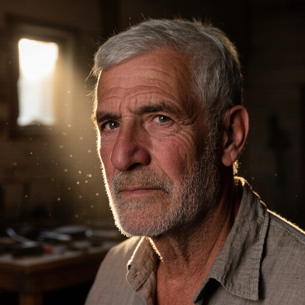 Intimate close-up portrait of an elderly craftsman, warm tungsten light through a dusty workshop window, deep shadows, silver stubble and…