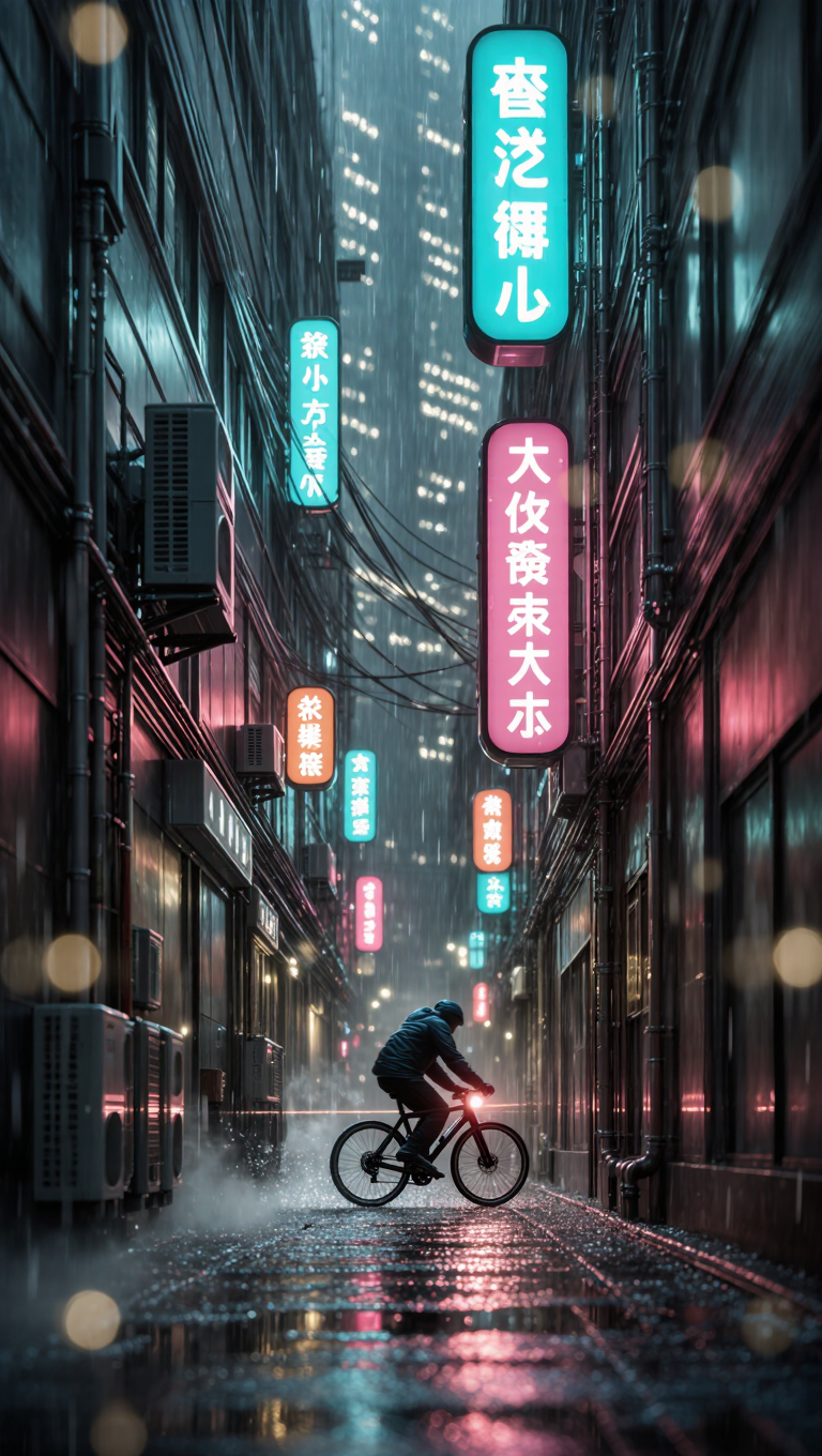 Futuristic Tokyo alley at night in the rain, glowing neon signs reflected on wet asphalt, a lone cyclist in motion blur, cyan and magenta…
