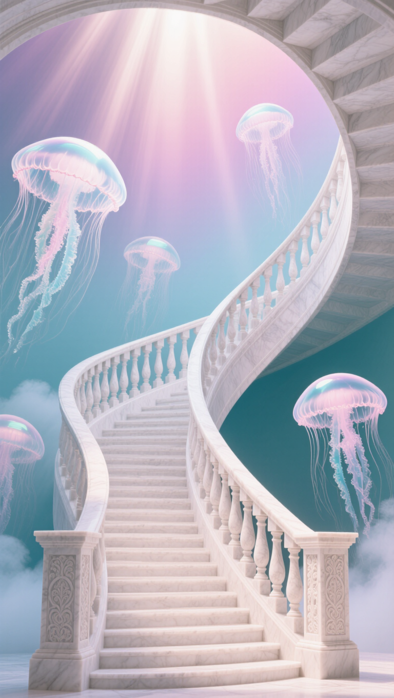Surreal dreamscape: a white marble staircase spiraling up into a pastel sky filled with drifting translucent jellyfish, soft volumetric…