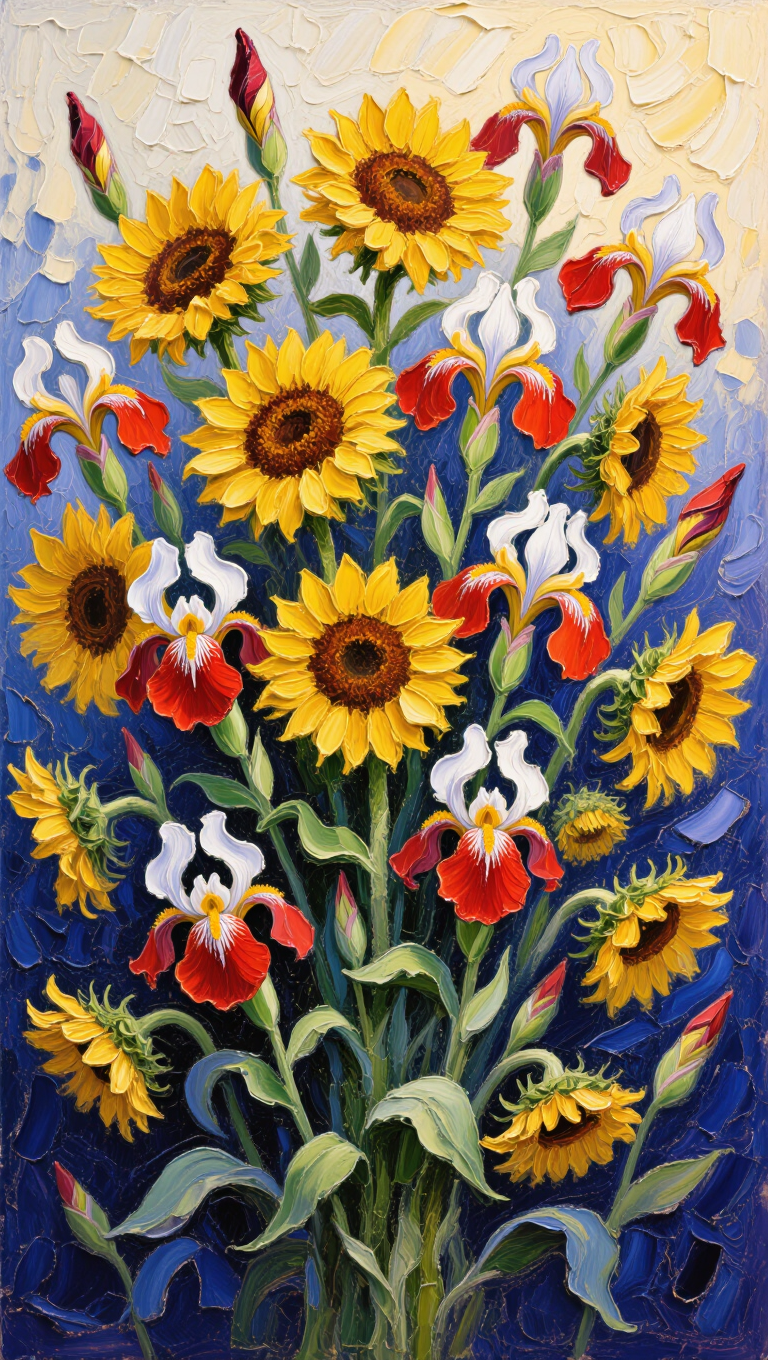 A vivid oil painting in the lineage of post-impressionist impasto, featuring a dense garden of sunflowers and irises. The paint is applied…