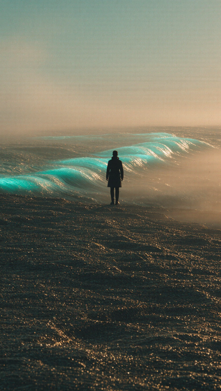 Cinematic wide shot of a lone figure standing on black volcanic sand at dawn, bioluminescent turquoise waves rolling in, low drifting fog,…