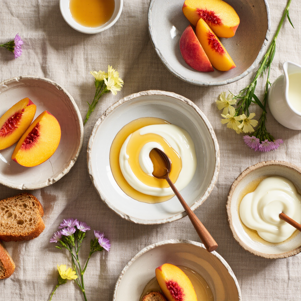Overhead flat-lay of a rustic slow breakfast, cracked ceramic bowls, golden honey drizzle catching soft morning light, scattered…
