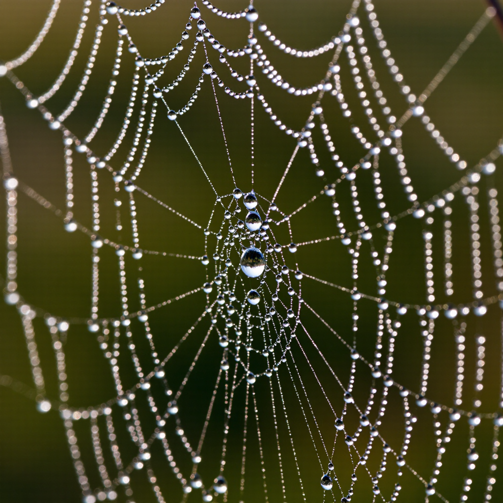 Extreme macro of morning dew drops on a spiderweb at sunrise, tiny rainbow refractions inside each droplet, soft green bokeh background,…
