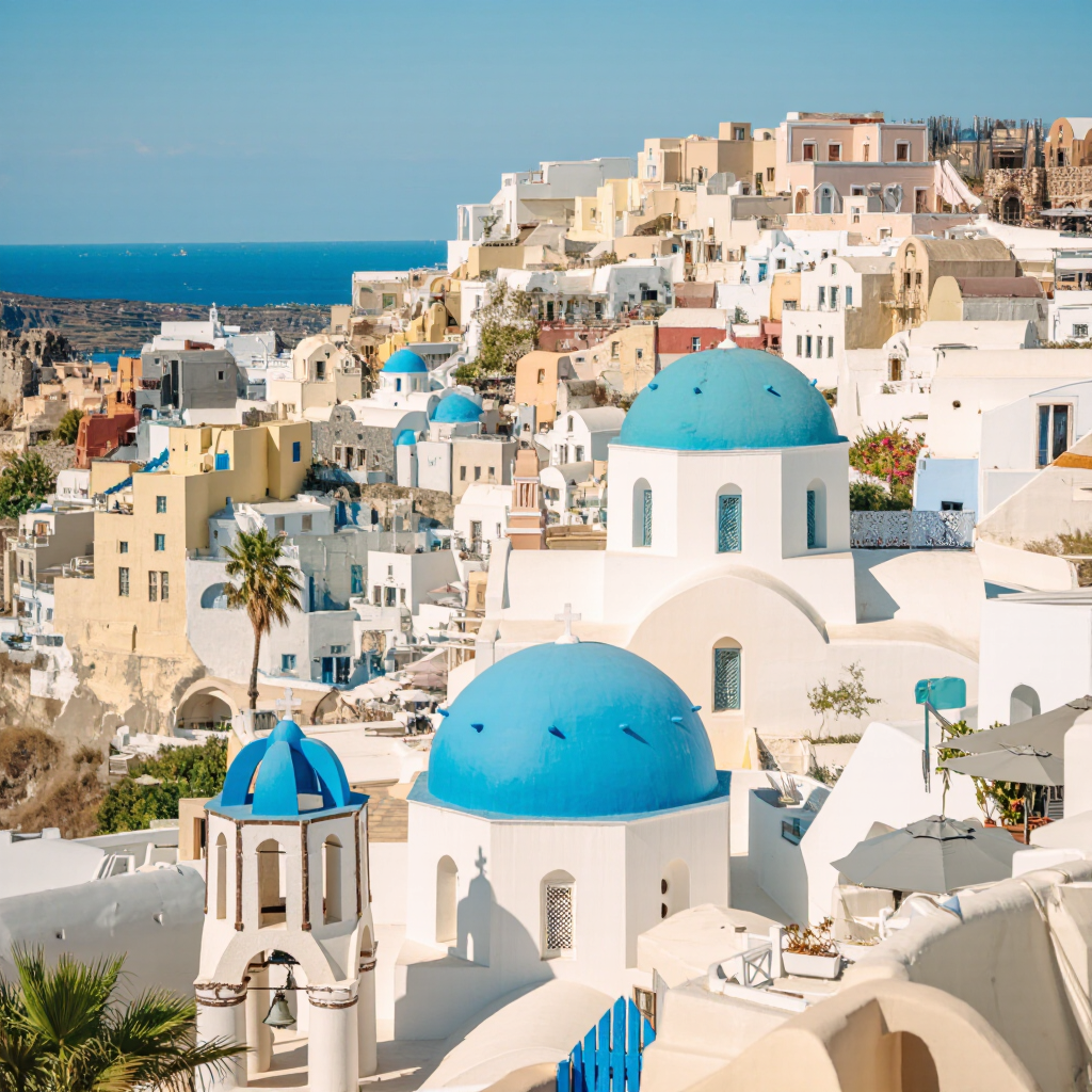 A serene Greek island village at noon, whitewashed houses, blue domes, bougainvillea, cobalt sea, vivid, ultra-detailed.