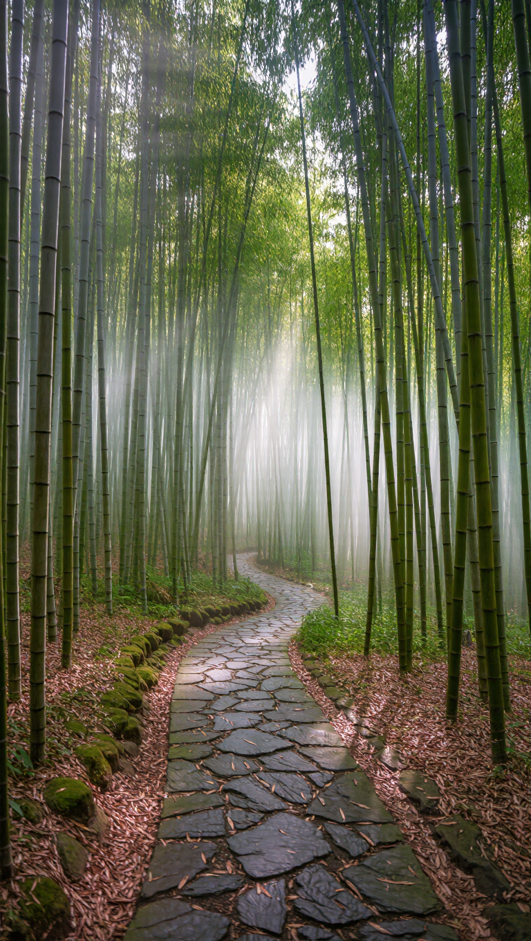 Misty bamboo forest with a winding stone path, soft green light beams, serene, zen, hyper-detailed, atmospheric.