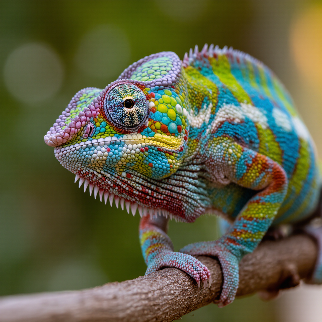 Close-up of a chameleon on a branch, iridescent scales, shallow depth of field, jungle bokeh, vivid, hyper-detailed macro.