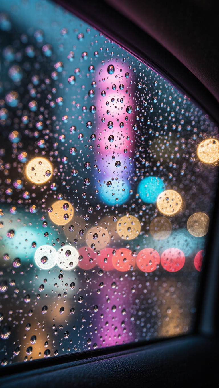 Close-up of raindrops on a car window with blurred neon city lights beyond, moody, bokeh, cinematic, hyper-detailed.