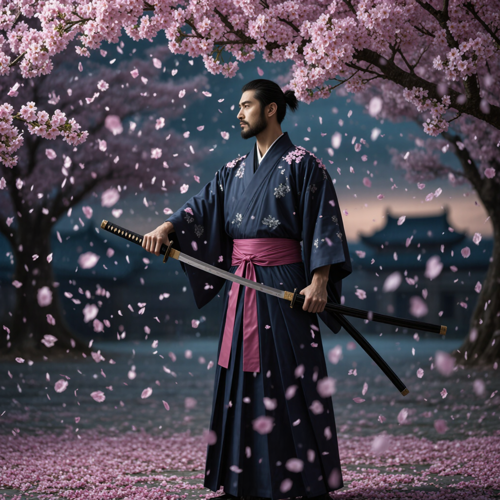 A samurai standing in falling cherry blossoms at dusk, katana, petals swirling, pink and indigo, epic, cinematic, hyper-detailed.
