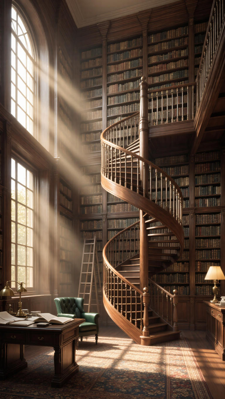 A grand library with towering bookshelves and a spiral staircase, warm dusty light, cozy academia, ultra-detailed, cinematic.