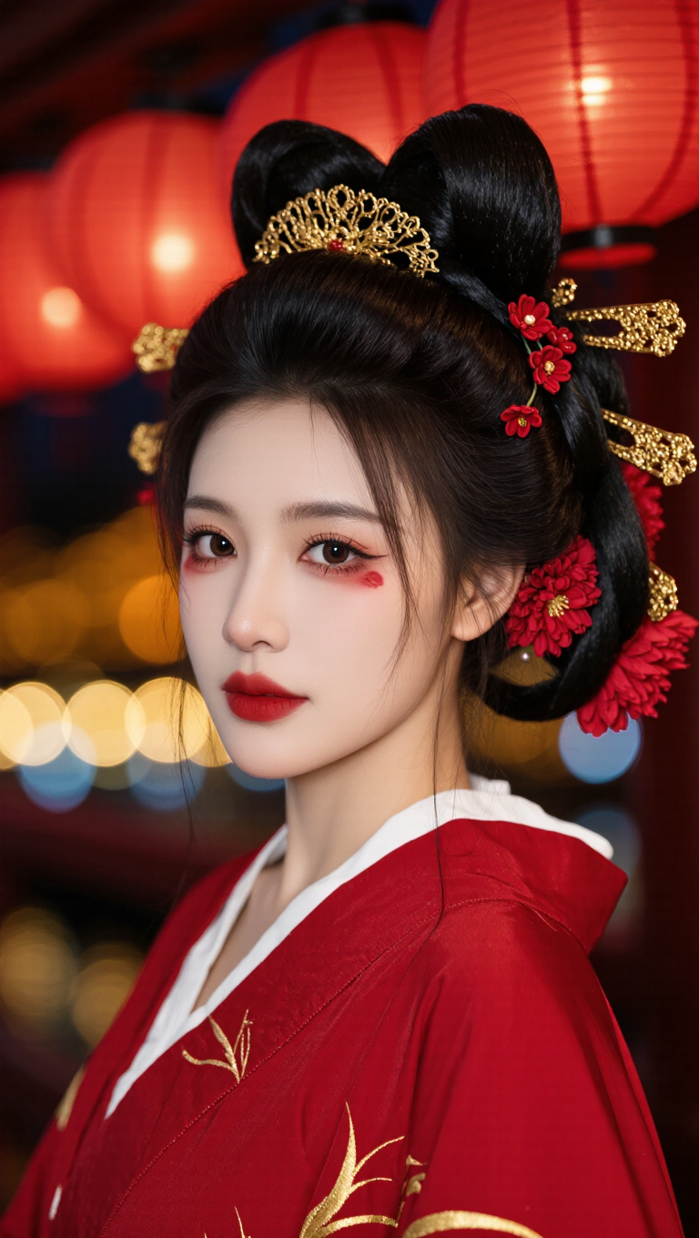 Close-up of a geisha under paper lanterns at night, soft red glow, delicate makeup, bokeh, cinematic, hyper-detailed portrait.