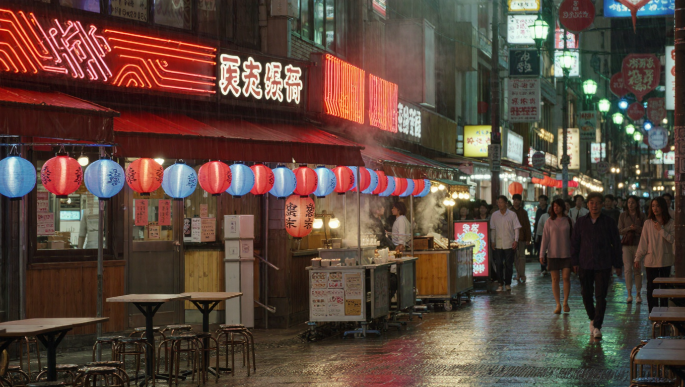 A neon izakaya street in Osaka at night, lanterns, steam, crowds blurred, warm reds and cyans, cinematic, ultra-detailed.
