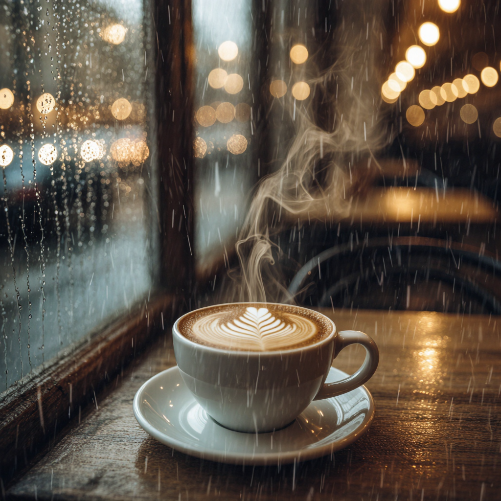 A cozy corner cafe by a rain-streaked window, a steaming latte with delicate latte art, blurred warm city lights beyond the wet glass,…
