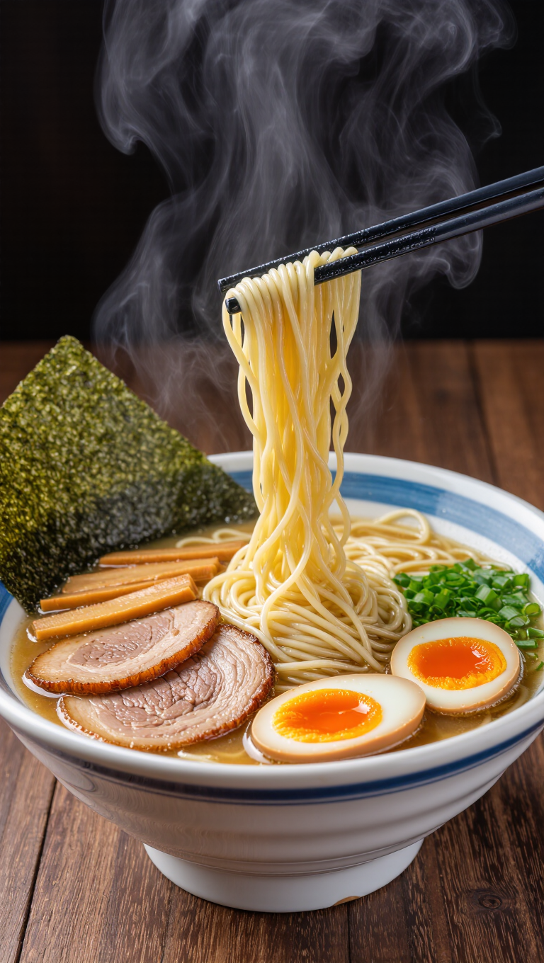 Steaming bowl of ramen with soft egg, nori, and chashu, moody dark background, chopsticks lifting noodles, food photography, macro.