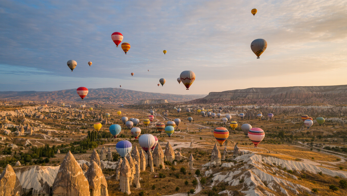 A hot air balloon festival over Cappadocia at sunrise, dozens of balloons, warm pastel sky, sweeping vista, ultra-detailed.