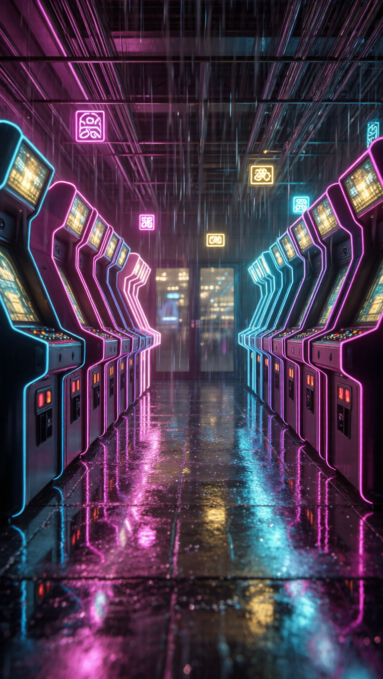 Neon-soaked arcade at night, glowing machines, reflections on wet floor, cyberpunk nostalgia, magenta and cyan, cinematic.