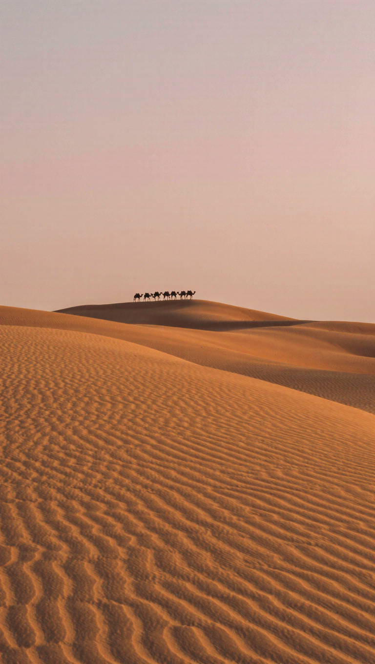 Golden-hour Sahara dunes, a lone camel caravan silhouette on a distant ridge, wind-sculpted sand ripples, warm amber and rose light,…