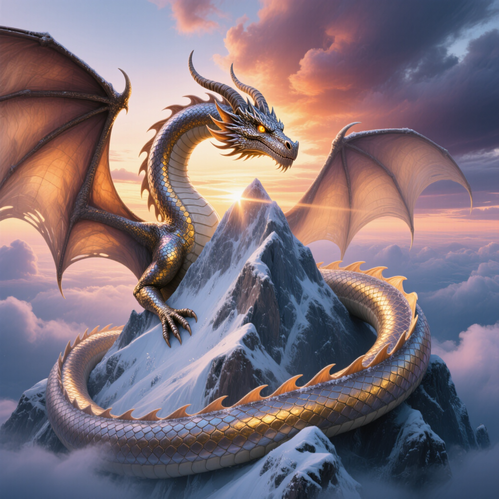 A dragon curled around a snowy mountain peak at sunset, scales catching light, epic fantasy, dramatic clouds, hyper-detailed.