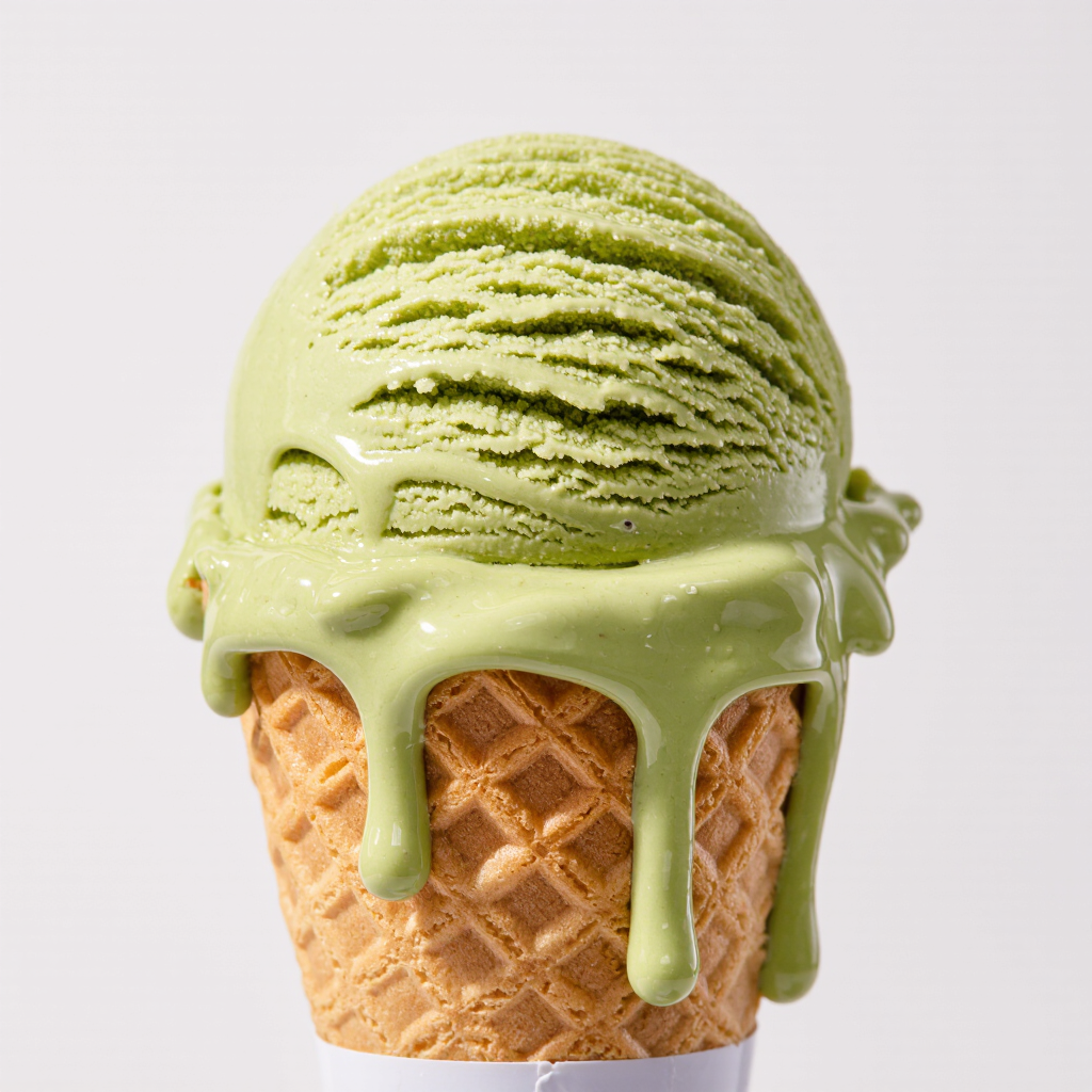 Macro of a melting scoop of pistachio gelato on a waffle cone, dripping, sunlit, vivid green, delicious, hyper-detailed.