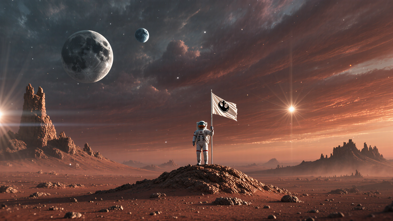 An astronaut planting a flag on an alien red desert with two moons, dramatic sky, lens flare, sci-fi, ultra-detailed, cinematic.