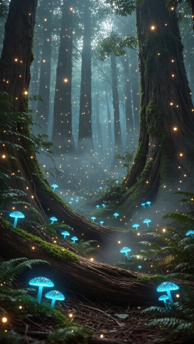 An enchanted bioluminescent forest at night, glowing blue mushrooms and drifting fireflies, soft mist between ancient mossy trees, magical…