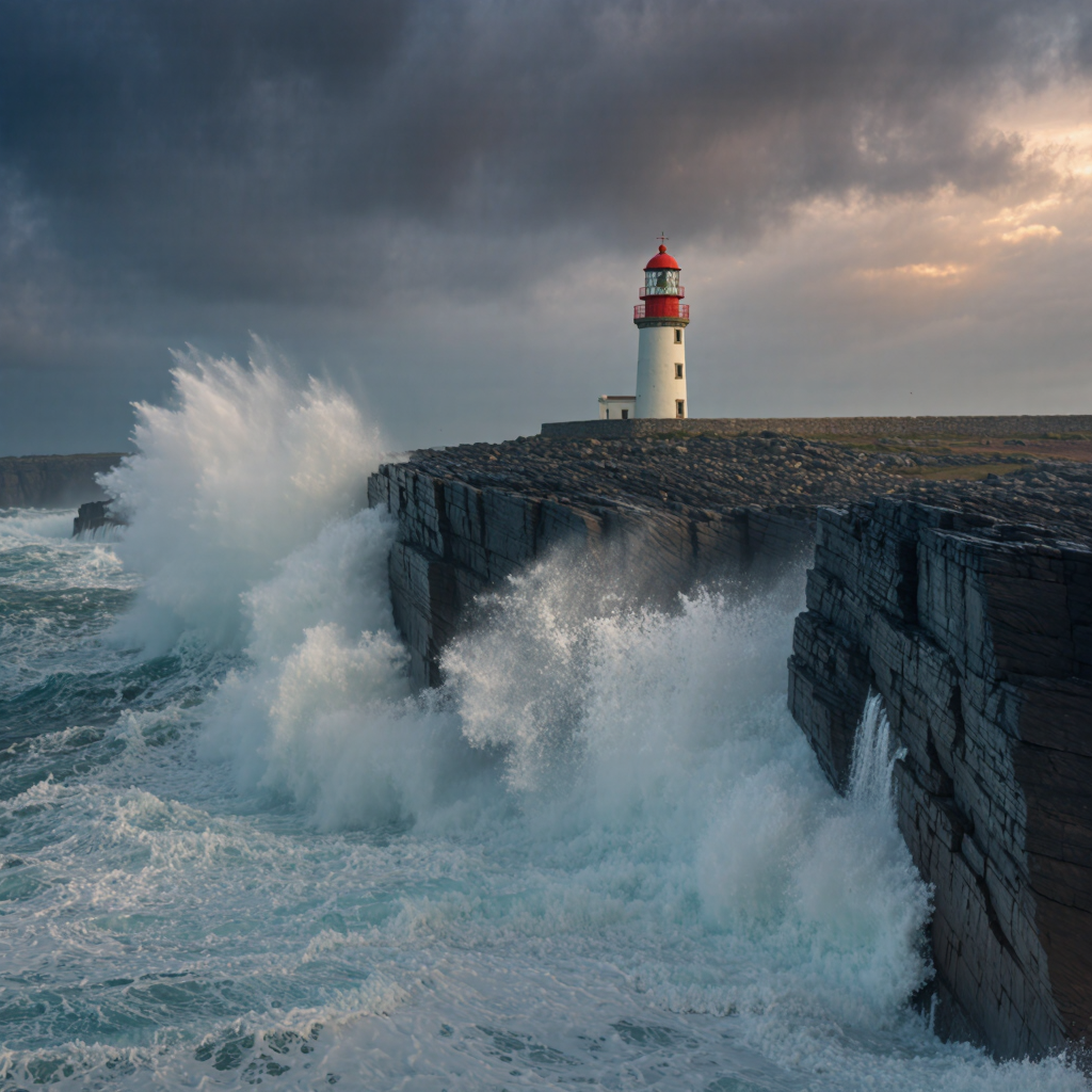 Cinematic wide shot of a lone lighthouse on a stormy cliff at dusk, crashing waves, moody teal and slate, volumetric spray, ultra-detailed,…