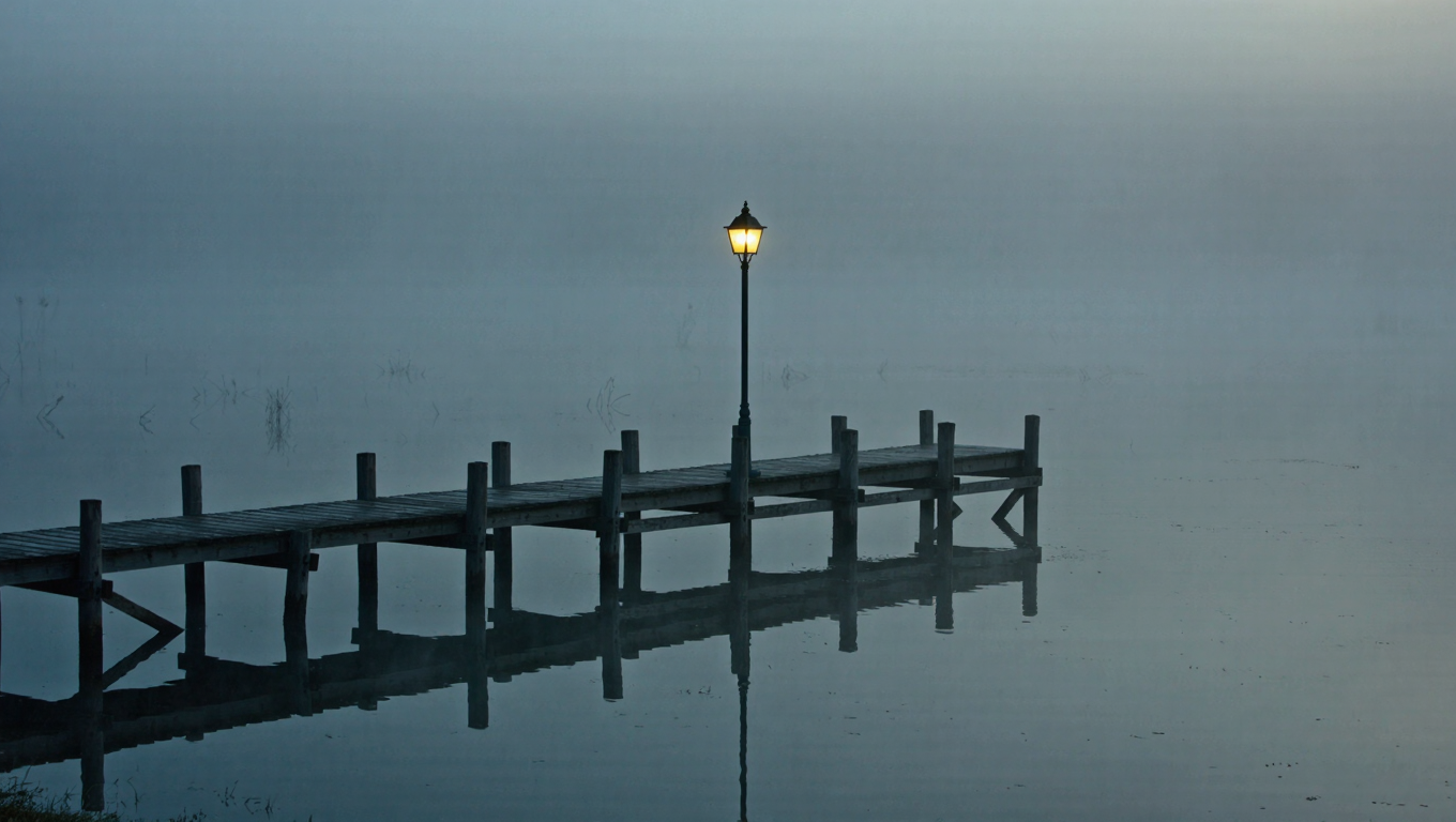 A mysterious foggy pier at dawn, a single lamp glowing, calm water, muted blues, minimalist, cinematic, atmospheric.