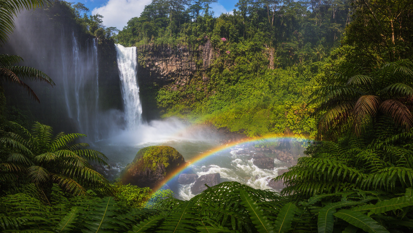 A majestic waterfall in a tropical rainforest, mist, rainbow, lush ferns, sun rays, vivid greens, ultra-detailed, epic.