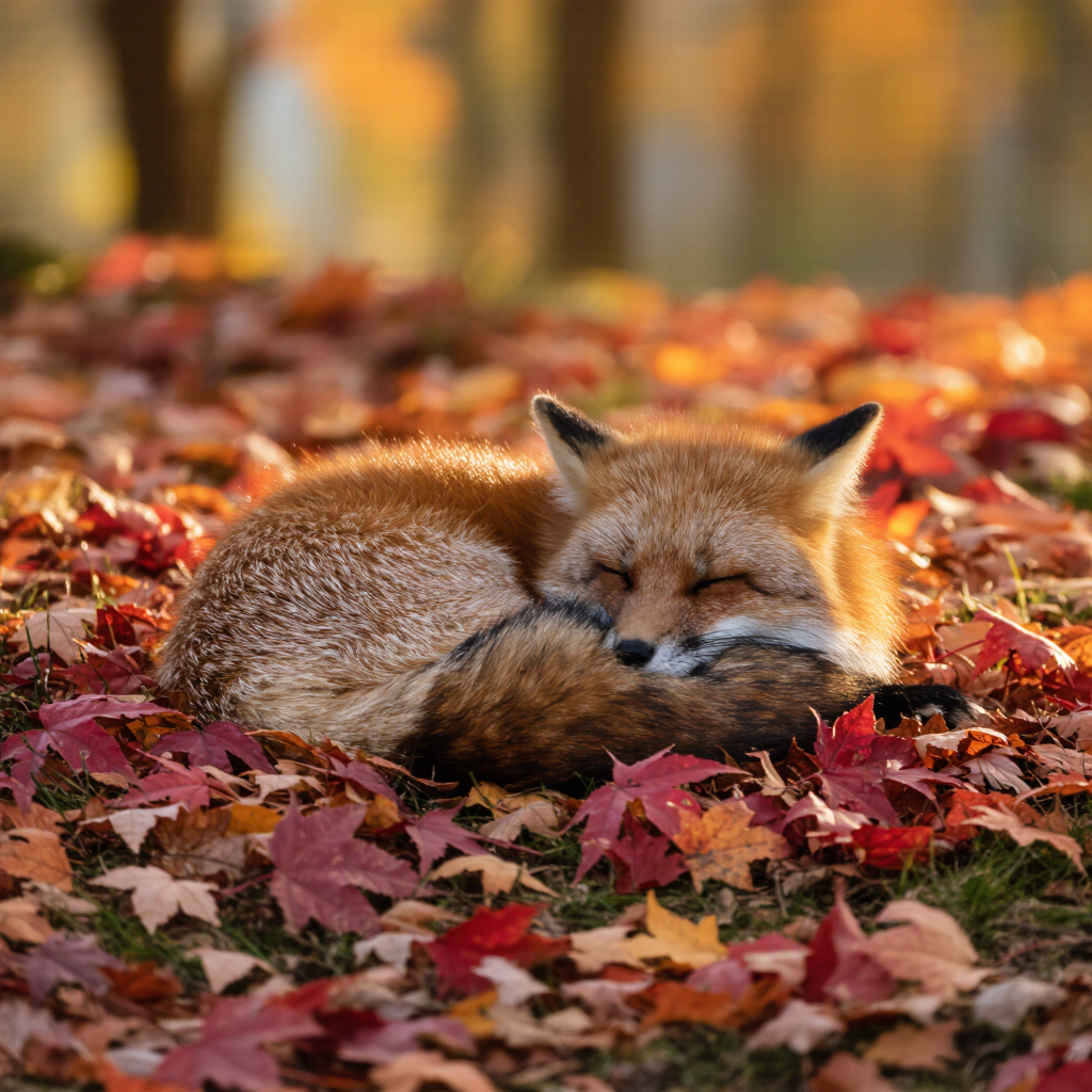A fox curled asleep in autumn leaves, warm amber light, soft focus, tender, wildlife photography, hyper-detailed.