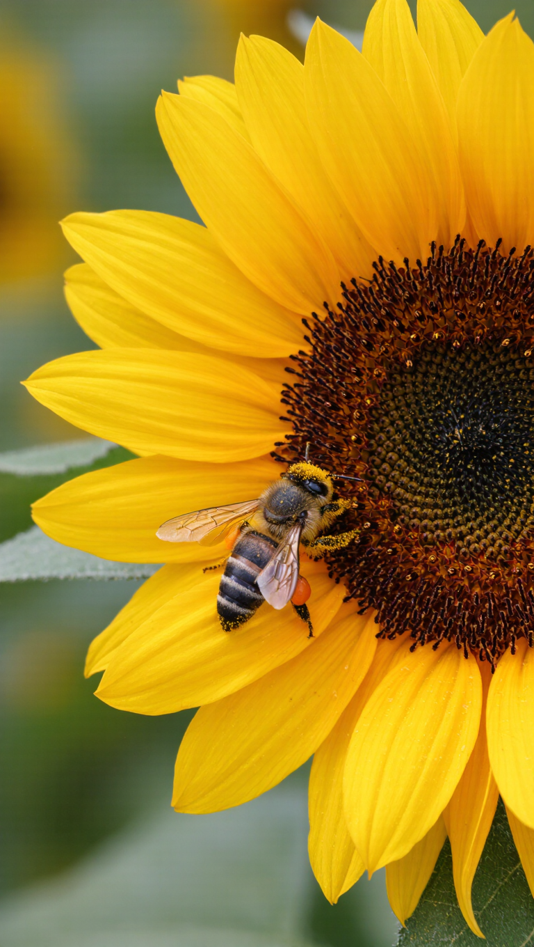 Macro of a bee on a sunflower, pollen dusted, golden petals, soft bokeh, vibrant, hyper-detailed nature photography.