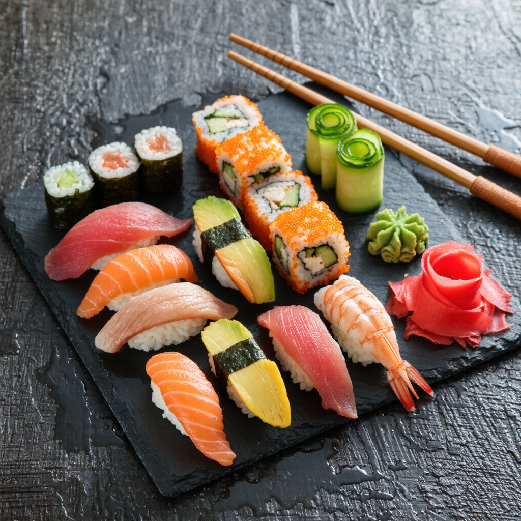 Overhead of a vibrant sushi platter on dark slate, glistening fish, wasabi, chopsticks, food-magazine lighting, crisp macro.