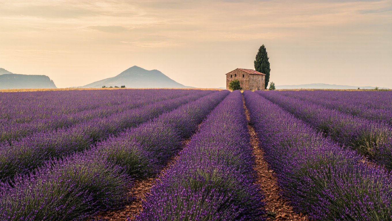 Lavender fields in Provence at golden hour, rows converging to a stone farmhouse, purple haze, warm light, ultra-detailed.