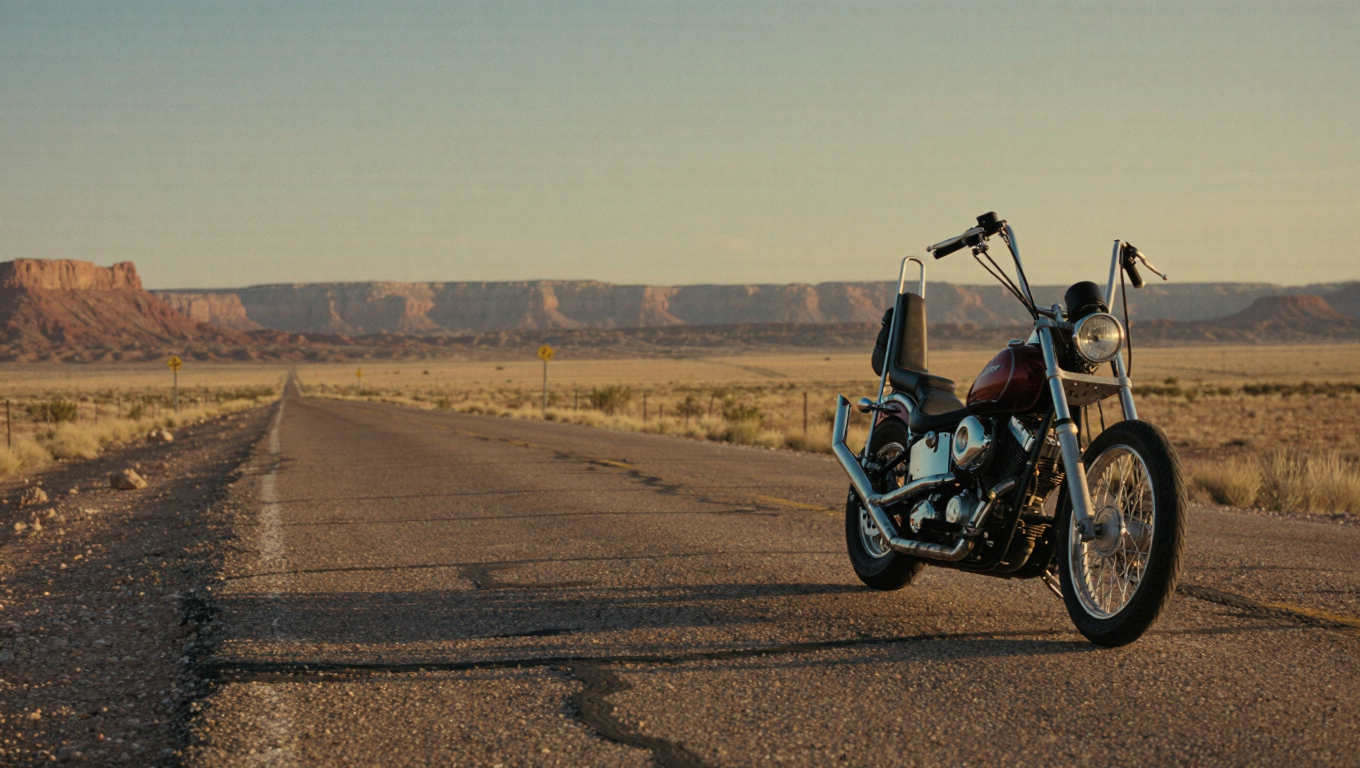 A vintage motorcycle on an empty desert highway at golden hour, long shadows, dust, warm film tones, Americana, ultra-detailed.