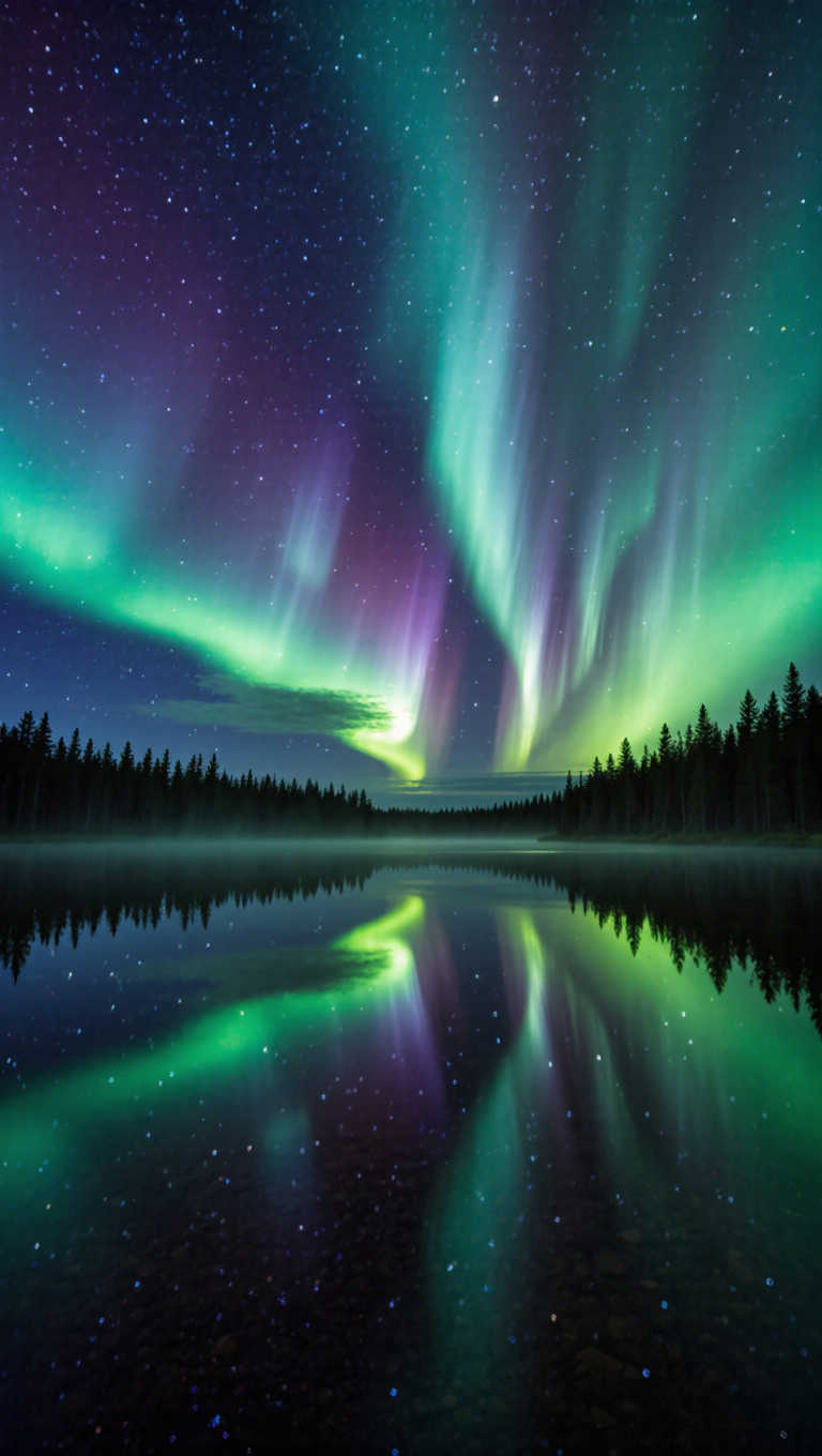 Aurora borealis over a glassy alpine lake at night, perfect mirror reflection, black pine silhouettes, deep indigo green and violet hues,…