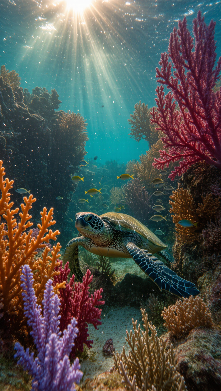 Underwater scene of a sea turtle gliding through a sunlit coral reef, god rays piercing turquoise water, vibrant corals, drifting…