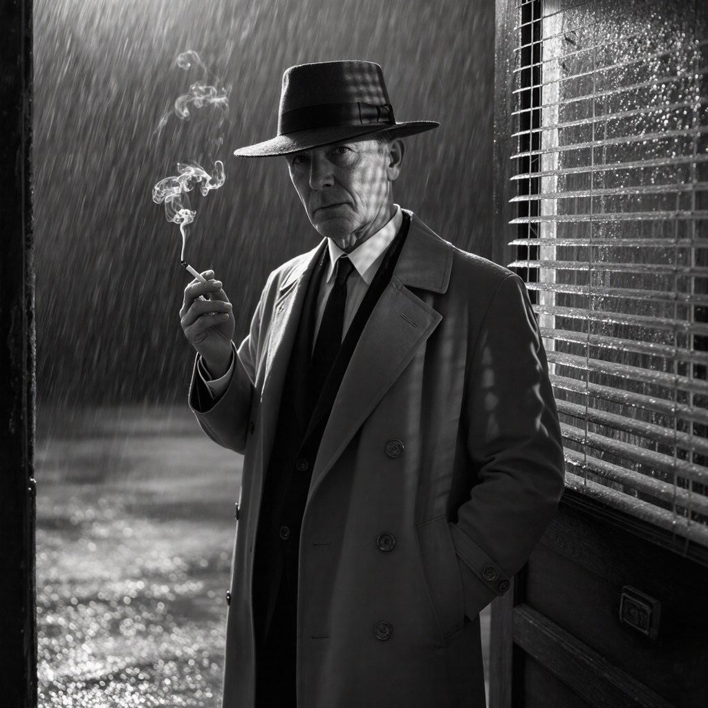 A vintage film-noir detective in a rain-soaked doorway, harsh venetian-blind shadows, cigarette smoke curling in a single beam of light,…