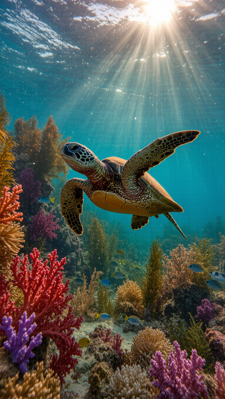 Underwater scene of a sea turtle gliding through a sunlit coral reef, god rays piercing turquoise water, vibrant corals, drifting…
