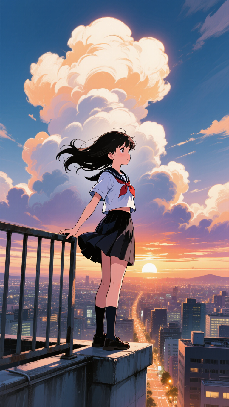 Anime key visual of a girl on a rooftop at sunset, wind in her hair, glowing city sprawl below, dramatic cumulus clouds, vibrant saturated…