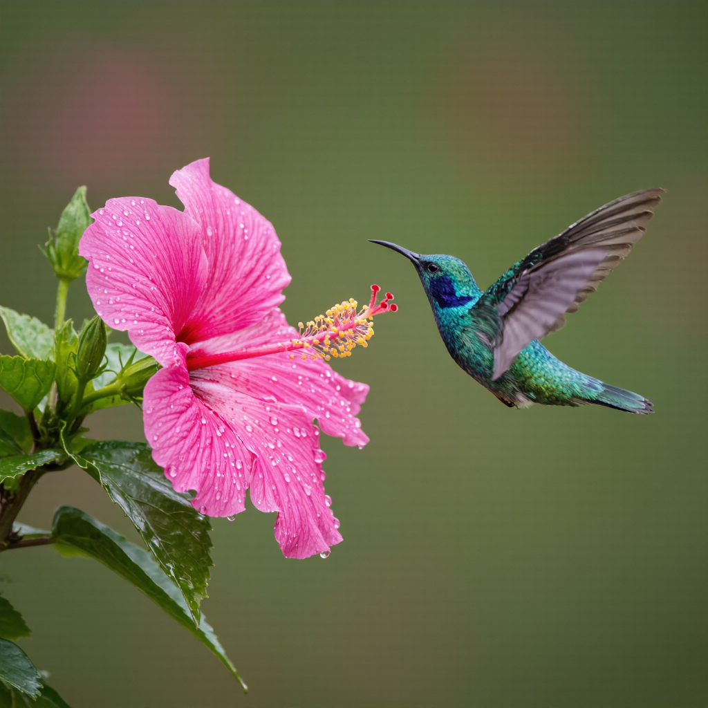Macro of a hummingbird frozen mid-flight beside a dewy hibiscus, iridescent feathers catching light, wings blurred, soft bokeh garden,…
