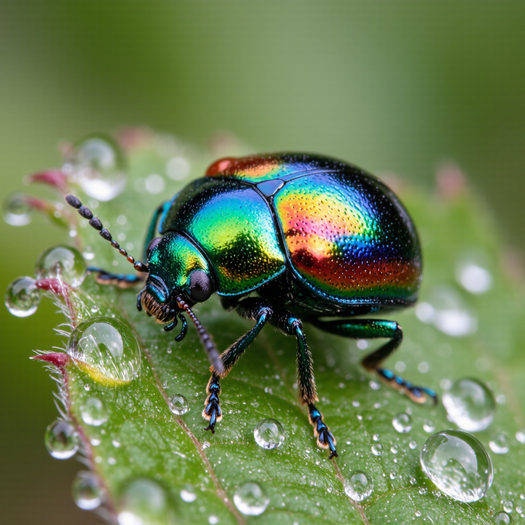 Extreme macro of an iridescent jewel beetle on a dewy leaf, metallic shell catching rainbow light, soft green bokeh, hyper-detailed,…