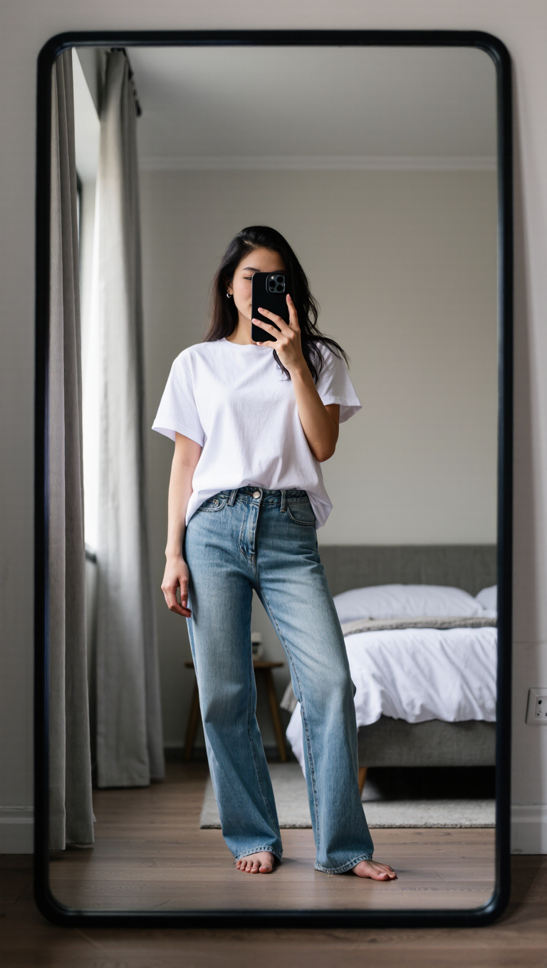 Ultra-realistic mirror selfie of a stylish woman in a bedroom, natural skin, casual streetwear, soft window light, authentic UGC influencer…