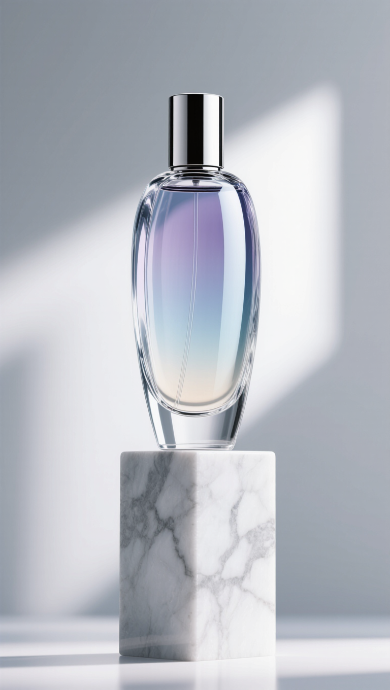 Photorealistic 3D product render of a translucent glossy perfume bottle on a marble pedestal, softbox reflections, Octane render,…
