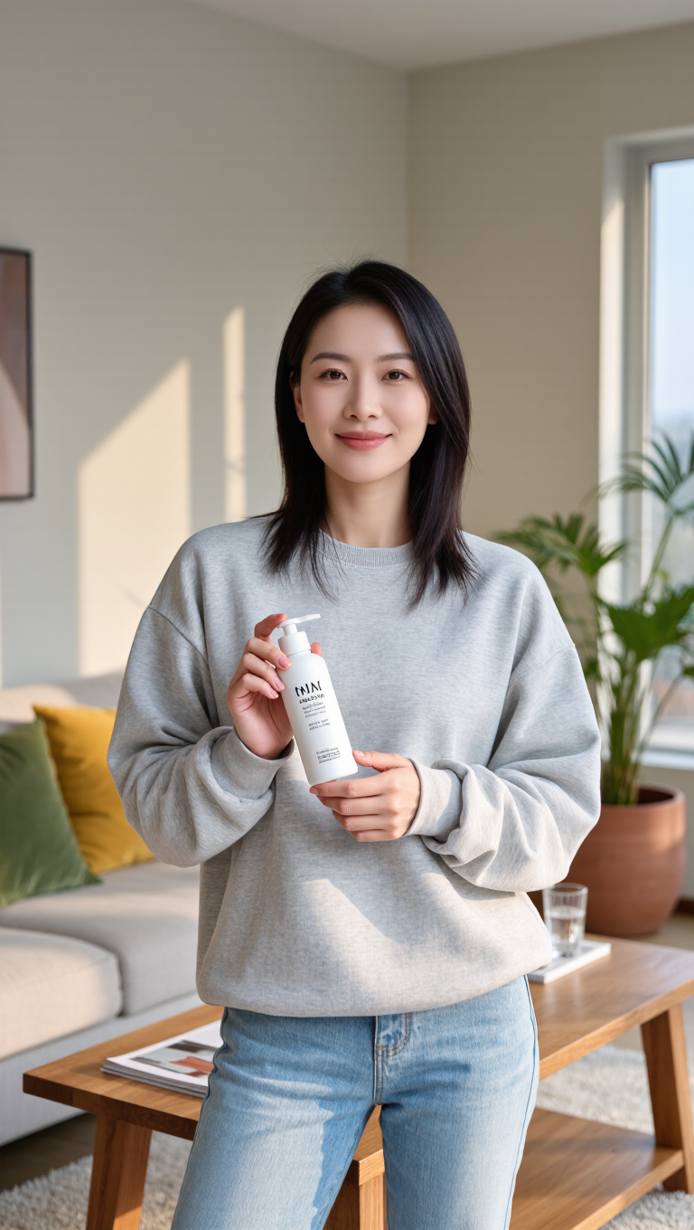 Ultra-realistic UGC-style photo of a young woman holding a product to the camera in her living room, natural lighting, authentic skin,…