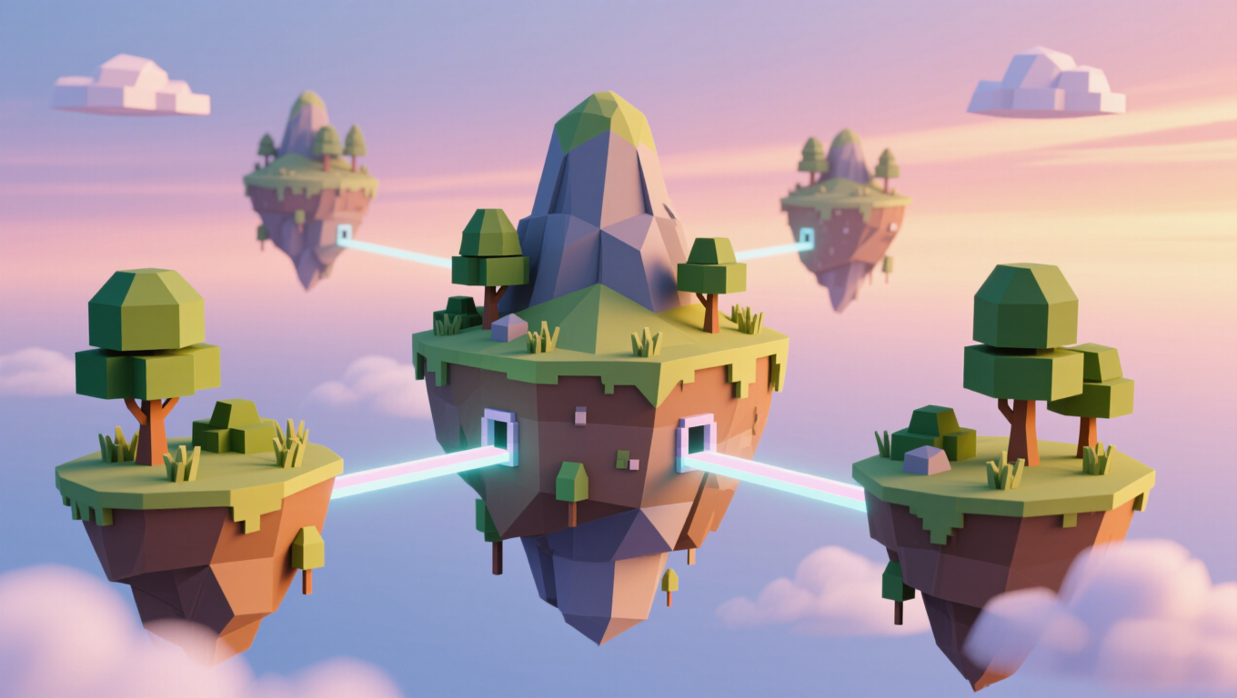 Low-poly 3D fantasy floating islands connected by glowing bridges, pastel sunset, soft ambient occlusion, dreamy diorama, clean render.