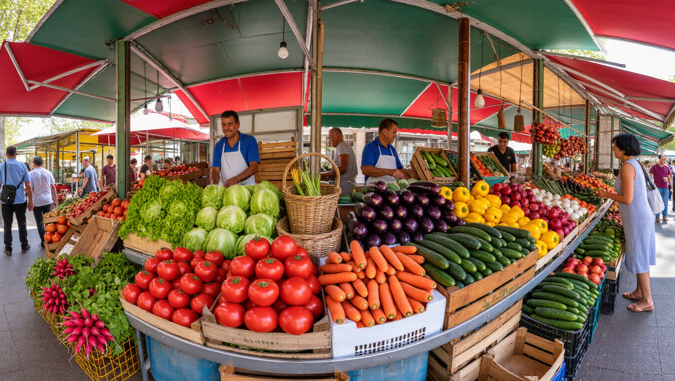 Photorealistic photo of a bustling farmers market stall with colorful fresh produce, natural daylight, candid, ultra-detailed.