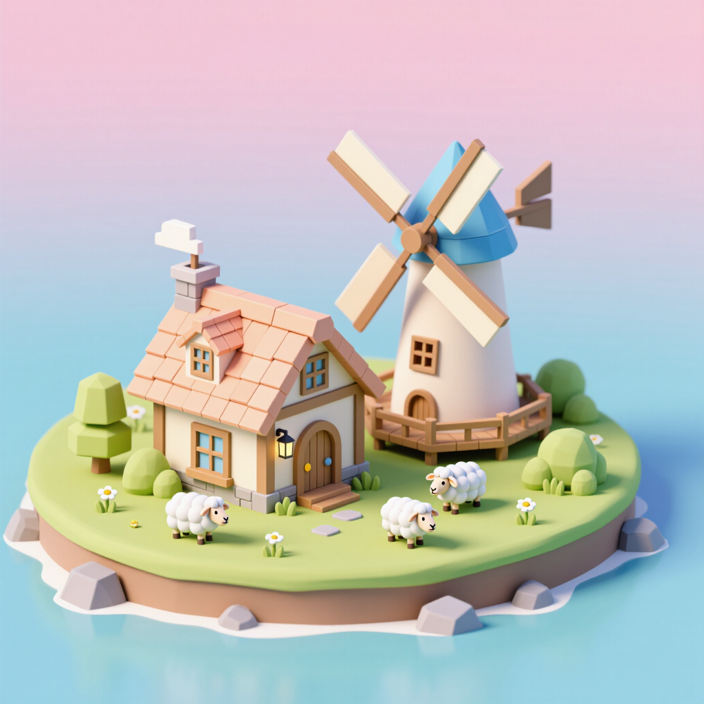 Isometric low-poly cozy island cottage with a windmill and tiny sheep, pastel gradient sky, soft ambient occlusion, cute miniature diorama,…