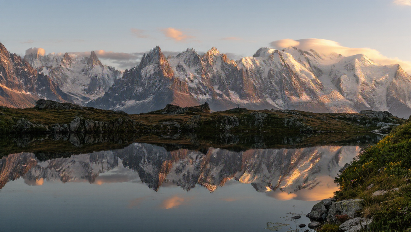 Majestic snow-capped mountain range reflected in a crystal-clear alpine lake, golden sunrise, pristine wilderness, ultra-detailed landscape.