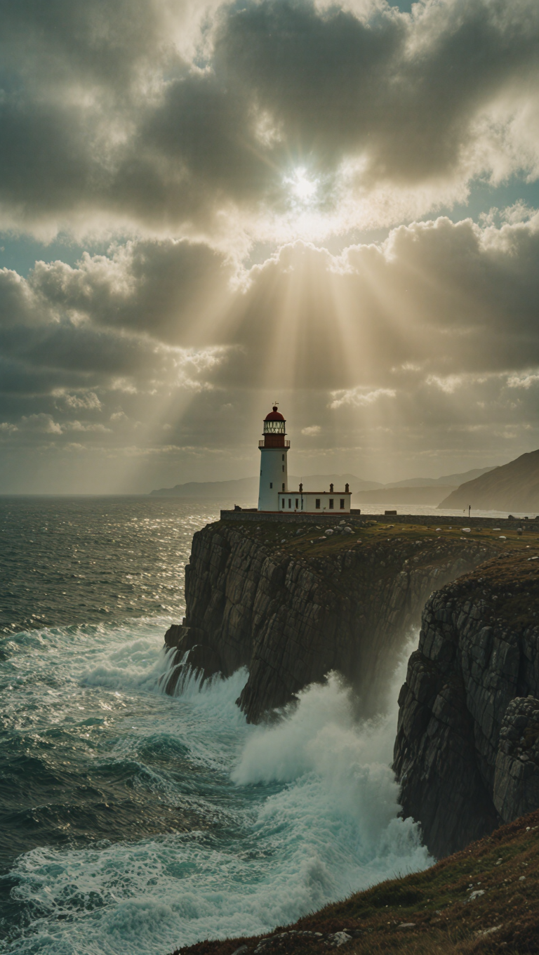 Cinematic wide shot of a lone lighthouse on a storm-battered cliff at dusk, crashing waves, dramatic god rays through heavy clouds, teal…